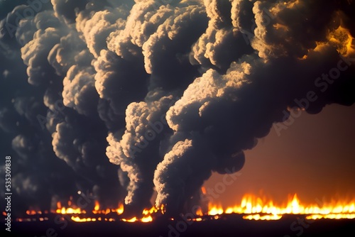 A huge oil spill in the ocean, burning with thick black smoke.