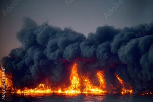 A huge oil spill in the ocean, burning with thick black smoke.