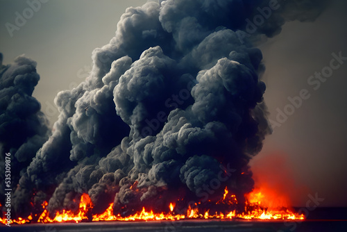 A huge oil spill in the ocean, burning with thick black smoke.