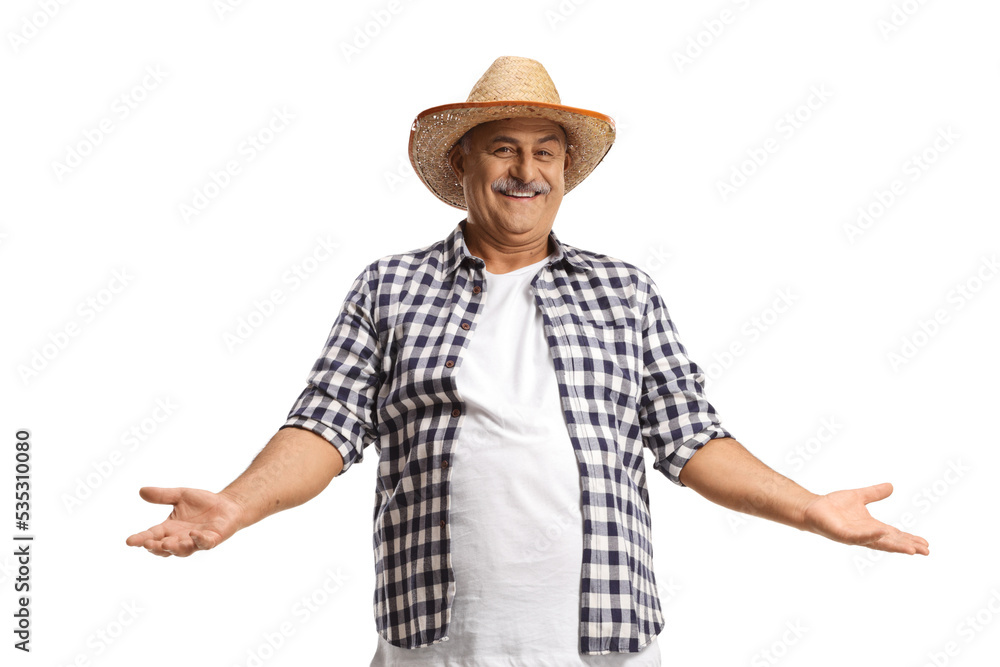Happy mature farmer with a straw hat gesturing with hands Happy mature farmer with a straw hat gesturing with hands