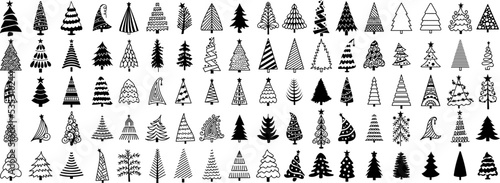 various Christmas tree silhouettes, and Christmas tree hand-drawn illustrations. Vector.
