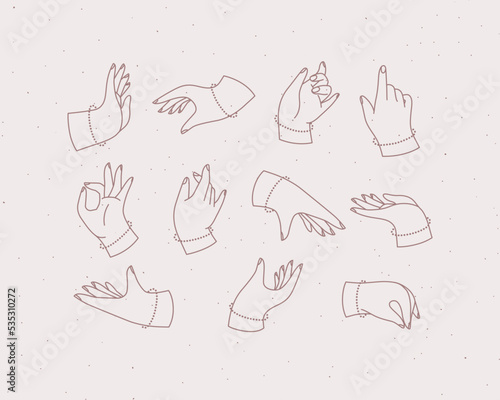 Set of renaissance hands with fingers icons in different positions drawing on light pink background