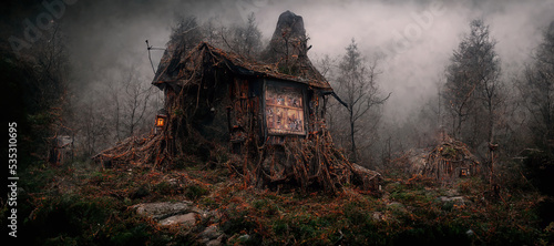 Tablou canvas A wallpaper of twisted witches shack on the side of a mountain