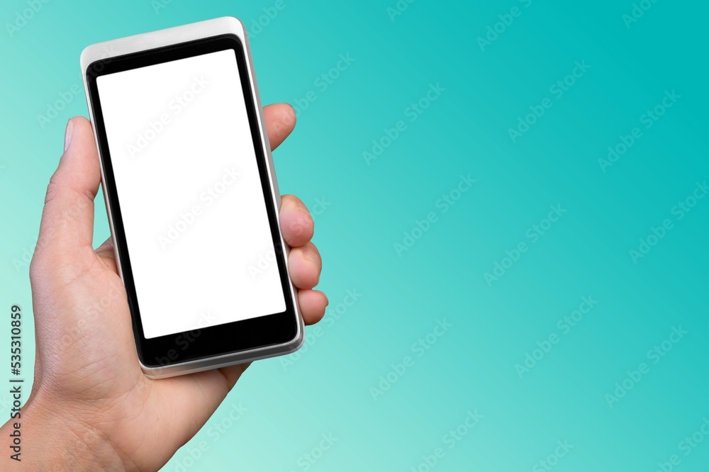 Hand holding smartphone with blank screen for Infographic Global Business web site design app Hand holding smartphone with blank screen for Infographic Global Business web site design app