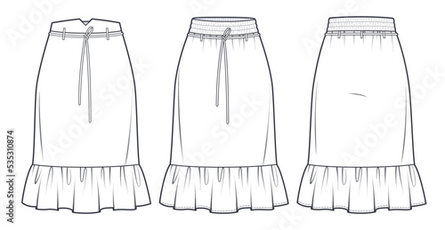 Ruffled midi Skirts technical fashion illustration. Set of Skirts fashion flat sketch template, ruffled, midi lengths, elastic waistband, front and back view, white, CAD mockup set.
