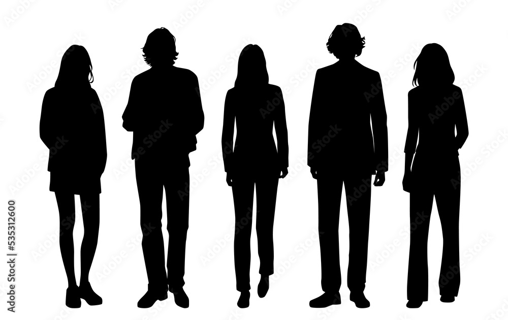 Vector silhouettes of men and a women, a group of standing business ...