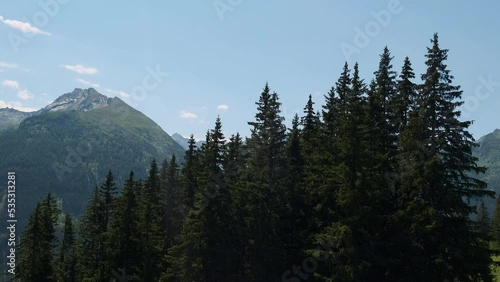Climbing up the mountain, behind the pine trees, incredible landscape panorama of the Alps opens up in the background. Snow on the tops. View from the mountain lift. A clear sunny day in a resort town (ID: 535313281)
