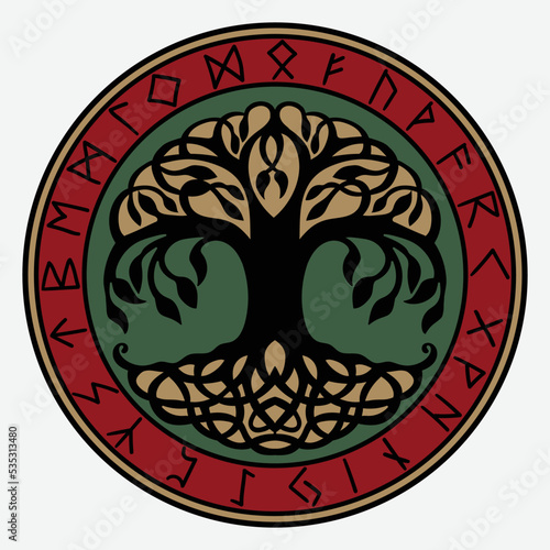 Yggdrasil, the tree of life. Vikings symbol Odin,with futhark runes 