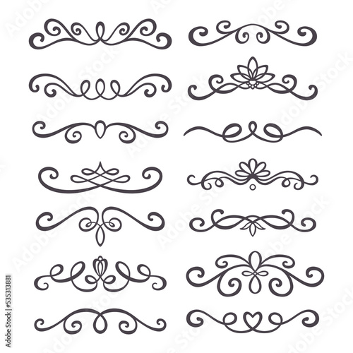 Collection of Hand drawn text dividers and vintage elements. Flourishes and swirls for wedding decor