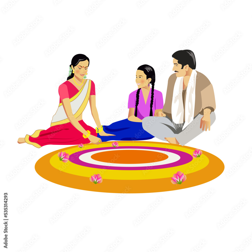 Indian family making rangoli design semi flat color vector characters.  Editable figures. Full body people on white. Hindu festival simple cartoon  style illustration for web graphic design, animation Stock Vector | Adobe
