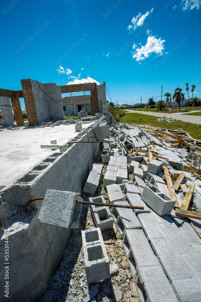 Construction damage to a cinderblock home after Hurricane Ian, Cape Coral Fl. 