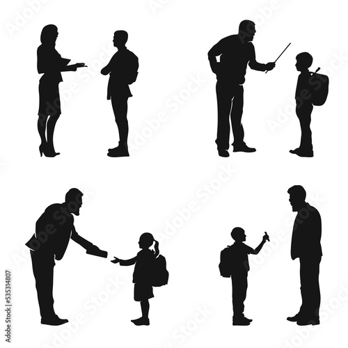 Student teacher silhouette set. punishing student, giving book, showing mobile, discussing with teacher