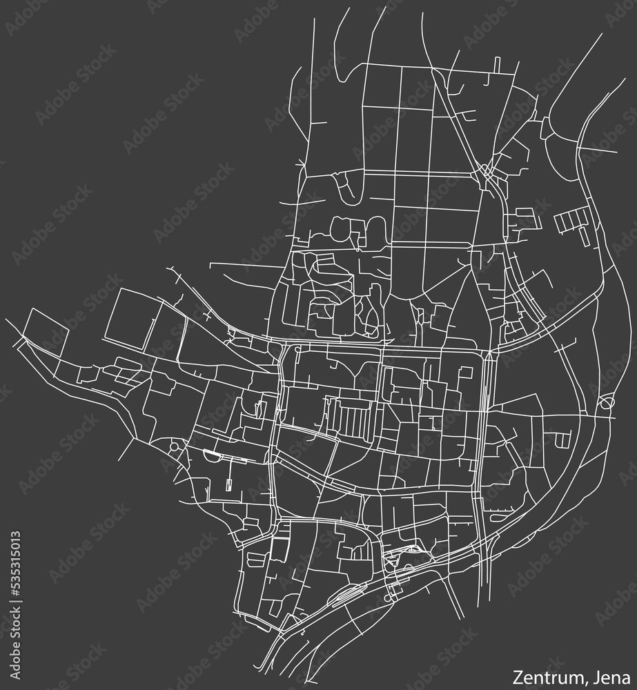 Detailed negative navigation white lines urban street roads map of the ZENTRUM QUARTER of the German regional capital city of Jena, Germany on dark gray background