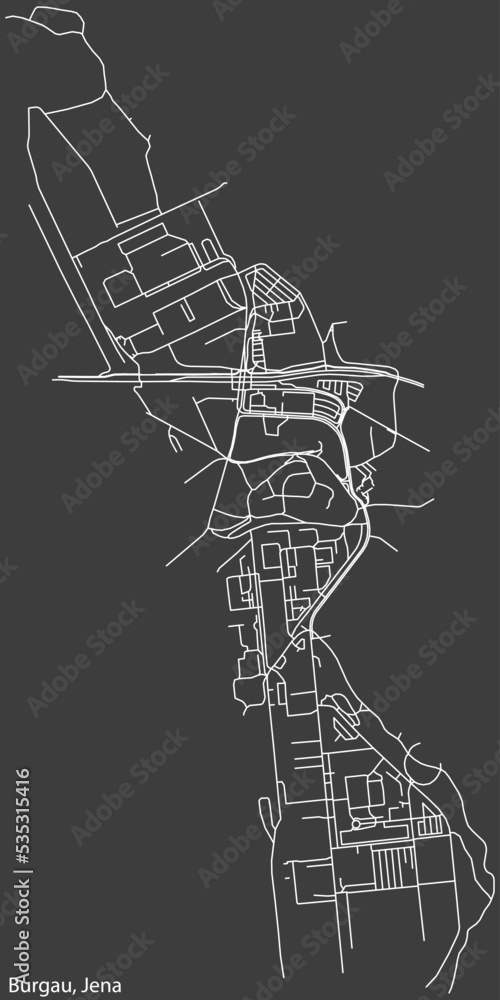 Detailed negative navigation white lines urban street roads map of the BURGAU QUARTER of the German regional capital city of Jena, Germany on dark gray background Detailed negative navigation white lines urban street roads map of the BURGAU QUARTER of the German regional capital city of Jena, Germany on dark gray background