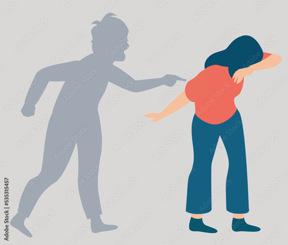 Shadow of a person accusing and yelling at a girl. Stop verbal abuse or harassment against women. Crying woman victim of bullying at work, school or home. Say no to domestic violence awareness concept