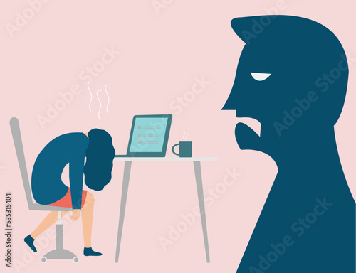 Business woman exposed to abuse and pressure at work. Freelancer or worker sitting with head down on laptop while the boss yells at her. Professional burnout syndrome or labor exploitation concept.