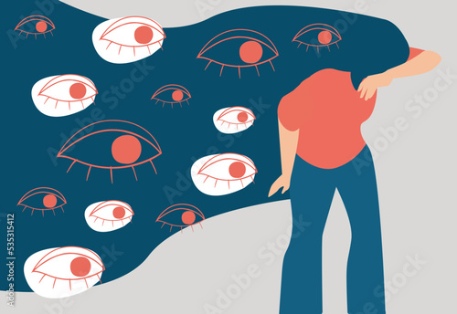 Sad woman followed by big evil spying eyes, feels helpless and overwhelmed. Illustration of a Teenage girl suffers from verbal abuse and bullying in society. Concept of mental health disorder.