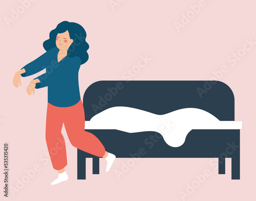 Woman sleepwalking at night. Sleepwalker girl walking in her dream with raised hands. Somnambulist person stands up from her bed while sleeping. Concept of somnambulism and sleep disorder. 