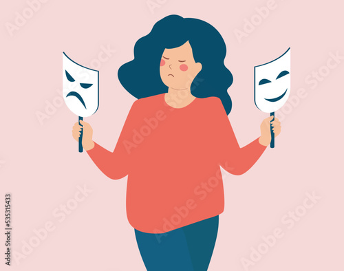 Woman has Bipolar disorder holding happy and sad masks. illustration of schizophrenia disease and split personality. Mental health illness, dual identity and hypocrisy concept. Vector illustration.