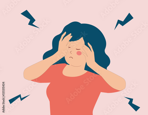 Stressed woman with negative mood, depression and anxiety. Depressed female covering her face. Concept of mental health disorder or illness. Illustration of character with psychological problems.