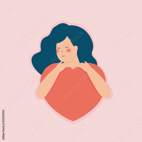 A happy woman hugs or embraces a big red heart with care and love. Illustration about self acceptance and peace concept. Women's, Mothers and Valentine's Day card. 