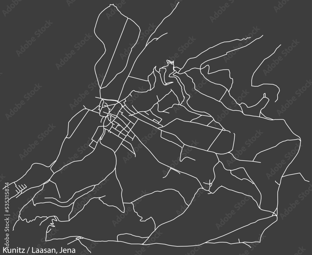 Detailed negative navigation white lines urban street roads map of the KUNITZ-LAASAN QUARTER of the German regional capital city of Jena, Germany on dark gray background