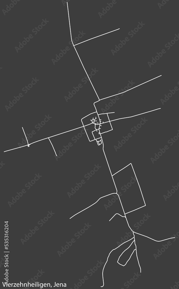 Detailed negative navigation white lines urban street roads map of the VIERZEHNHEILIGEN QUARTER of the German regional capital city of Jena, Germany on dark gray background Detailed negative navigation white lines urban street roads map of the VIERZEHNHEILIGEN QUARTER of the German regional capital city of Jena, Germany on dark gray background