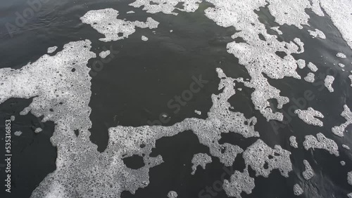 video of foam on water, fast flowing showing the pollution of the environment