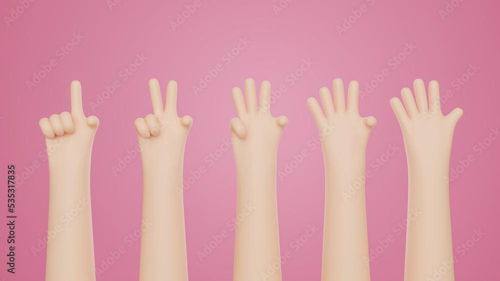 Fototapeta premium 3D rendering hand counting from one to five isolated on background with empty space for the text. Communication gestures concept. Set of counting hands. Hands gesture numbers.