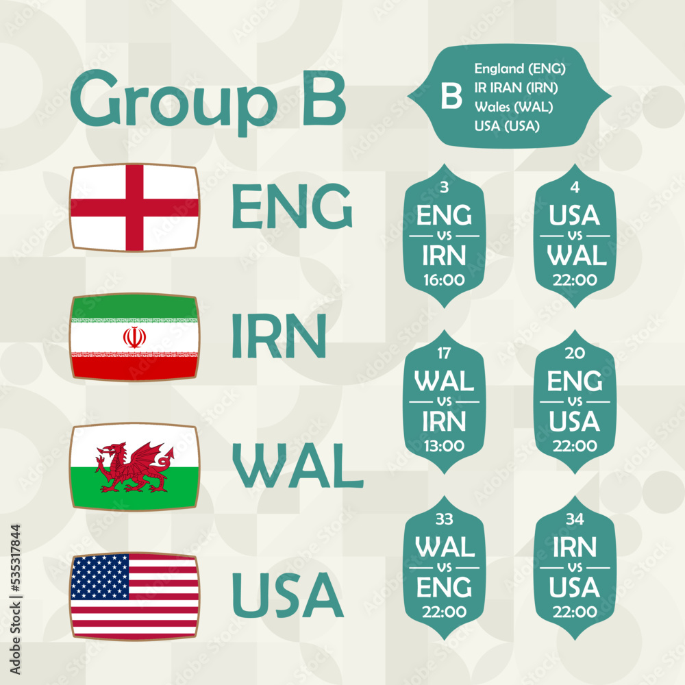 World football 2022 Group B. Flags of the national team countries. World soccer championship. World football 2022 Group B. Flags of the national team countries. World soccer championship.