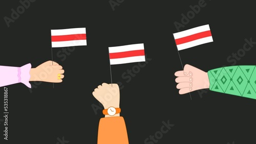 Animation or motion graphic. Drawn hands of three people appear with the flags of Belarus white red white and waving it on a dark background photo