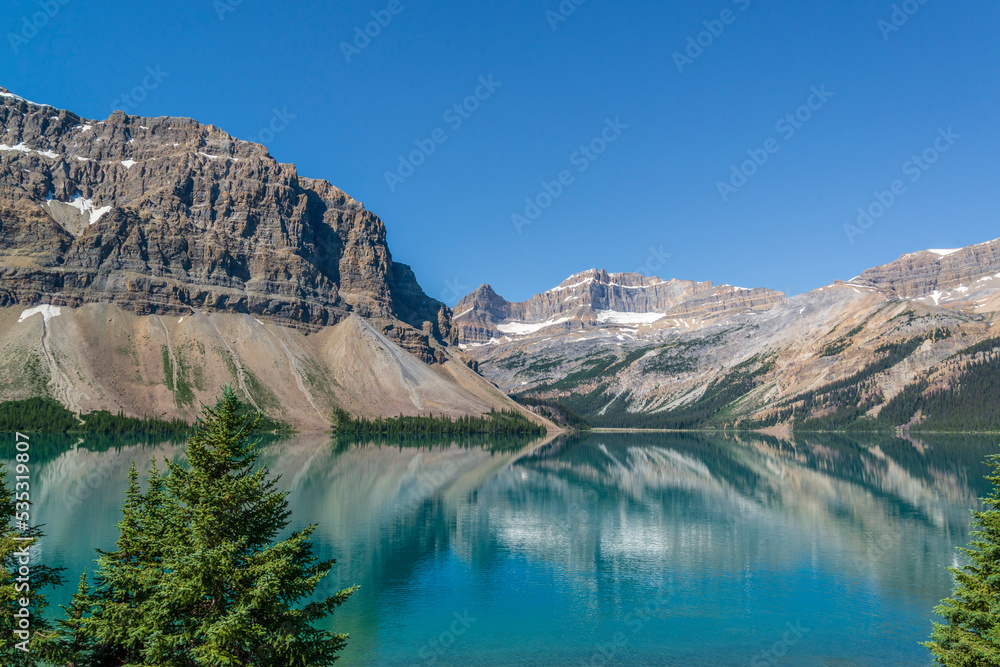 Reflections on Bow Lake along the Icefield Parkway in Alberta Canada