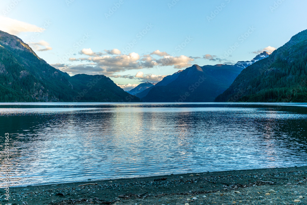 Views of Buttle Lake in Strathcona Provincial Park on Vancouver Island in summer