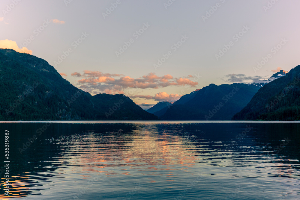 Views of Buttle Lake in Strathcona Provincial Park on Vancouver Island in summer