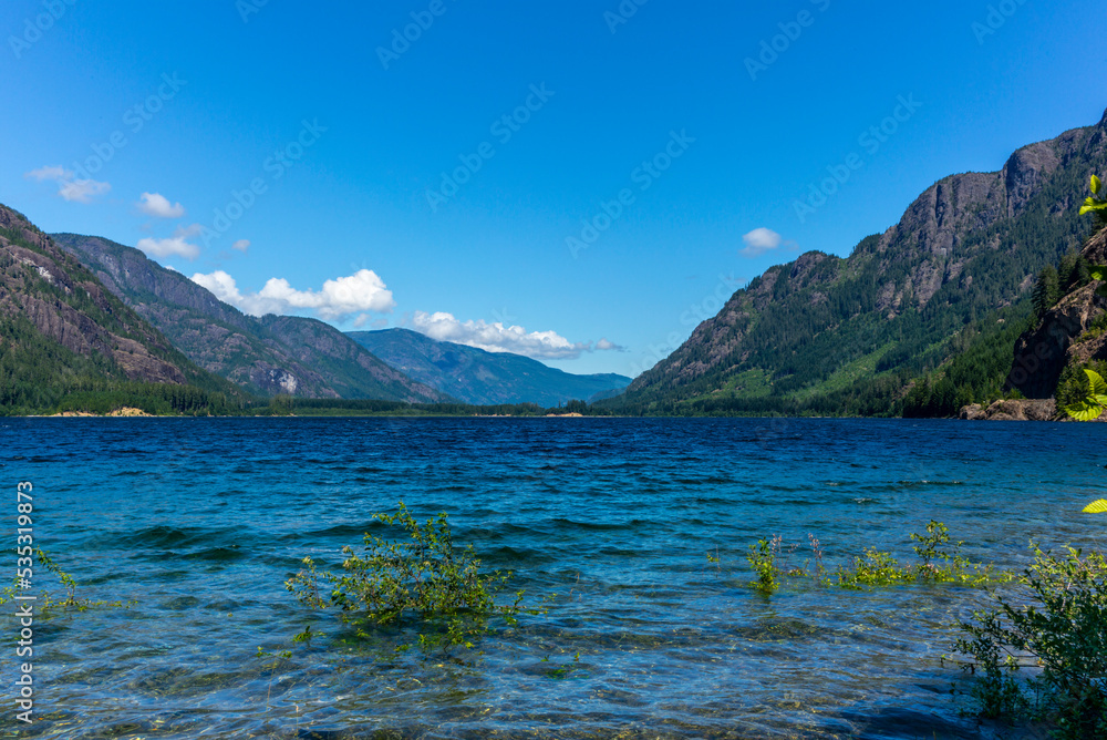 Views of Buttle Lake in Strathcona Provincial Park on Vancouver Island in summer