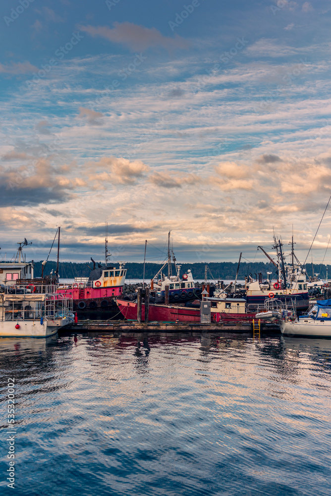 The harbor of Campbell River on Vancouver Island at sunset in summer