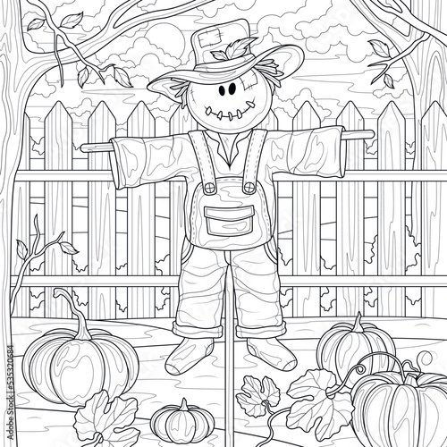 Scarecrow and pumpkins in the garden.Coloring book antistress for children and adults. Illustration isolated on white background.Zen-tangle style. Hand draw