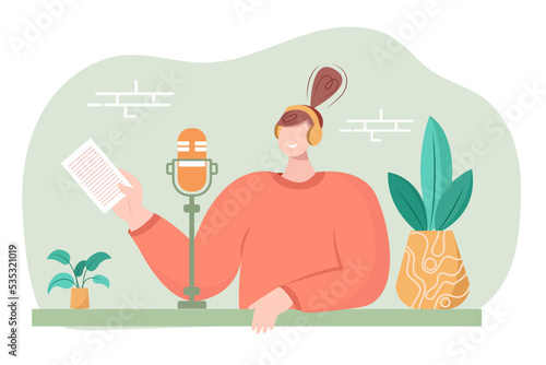 Woman podcaster podcasting and recording online talk show