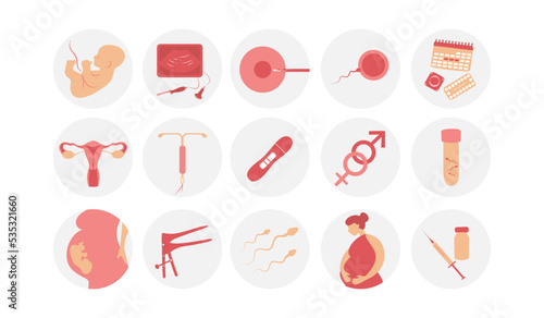 Woman fertility icon set. Obstetrics signs collection. Pregnancy insemination contraception concept photo
