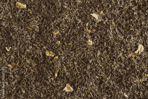 Realistic  illustration of dry black tea with apricot fruit and flower petals as background, top view.