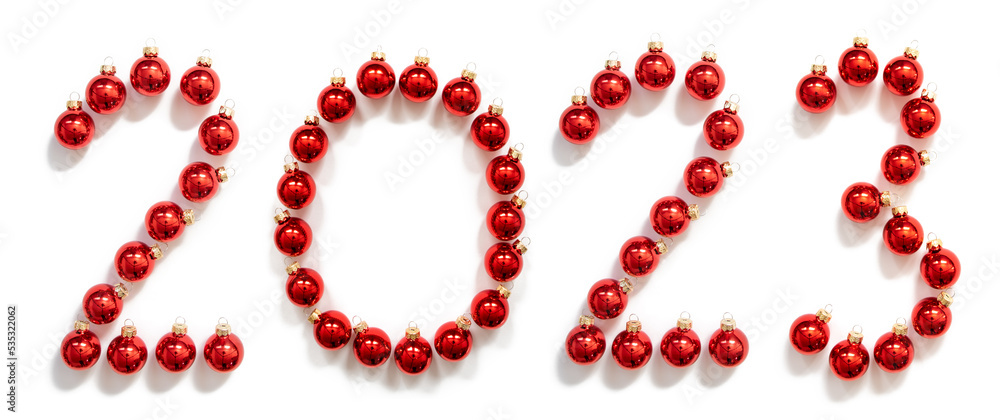 Red Christmas Ball Ornament Building Word 2023, White Background Red Christmas Ball Ornament Building Word 2023, White Background