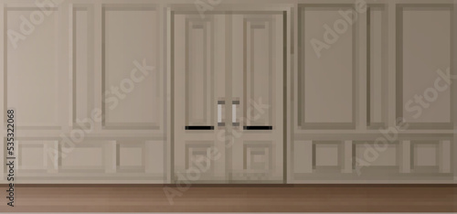 Interior in luxury victorian style, beige wall and closed door with square and rectangular molding stucco panels. Empty room with wooden floor. Home in ancient english style Realistic 3d vector mockup