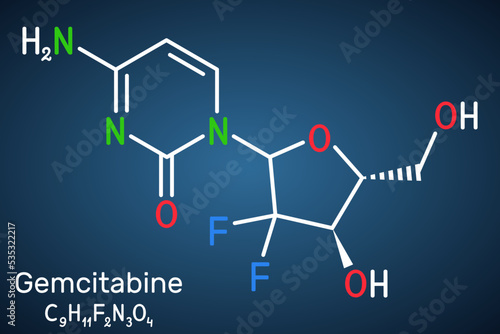 Gemcitabine molecule. It is antineoplastic agent used in the therapy of pancreatic, lung, breast, ovarian, bladder cancer. Structural chemical formula on the dark blue background