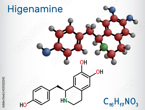 Higenamine, norcoclaurine molecule. It is herbal, natural product, ingredient in sports and weight loss dietary supplements. Structural chemical formula, molecule model.