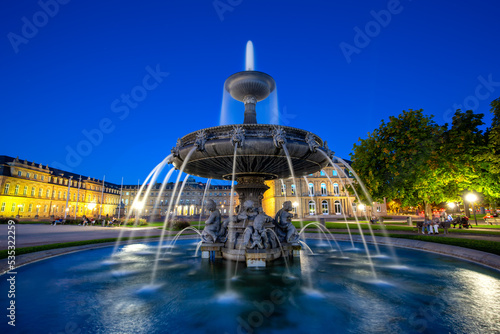 Stuttgart Castle square Schlossplatz Neues Schloss with fountain travel by night in Germany