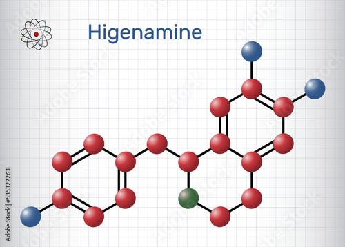 Higenamine, norcoclaurine molecule. It is herbal, natural product, ingredient in sports and weight loss dietary supplements. Structural chemical formula, molecule model. Sheet of paper in a cage.