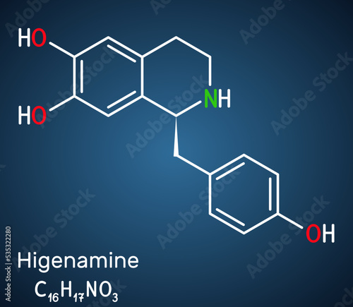 Higenamine, norcoclaurine molecule. It is herbal, natural product, ingredient in sports and weight loss dietary supplements. Structural chemical formula on the dark blue background