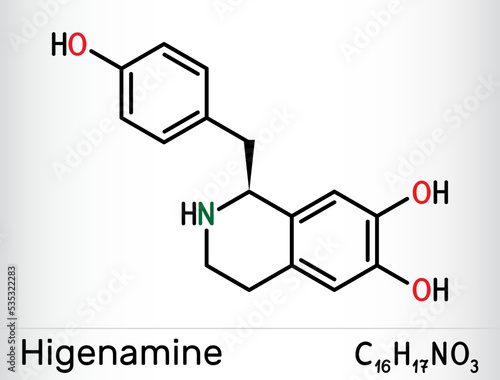 Higenamine, norcoclaurine molecule. It is herbal, natural product, ingredient in sports and weight loss dietary supplements. Skeletal chemical formula.