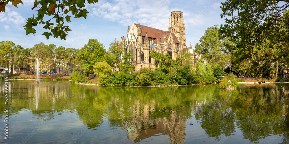 Stuttgart Johanneskirche church at Feuersee lake panorama in Germany Stuttgart Johanneskirche church at Feuersee lake panorama in Germany