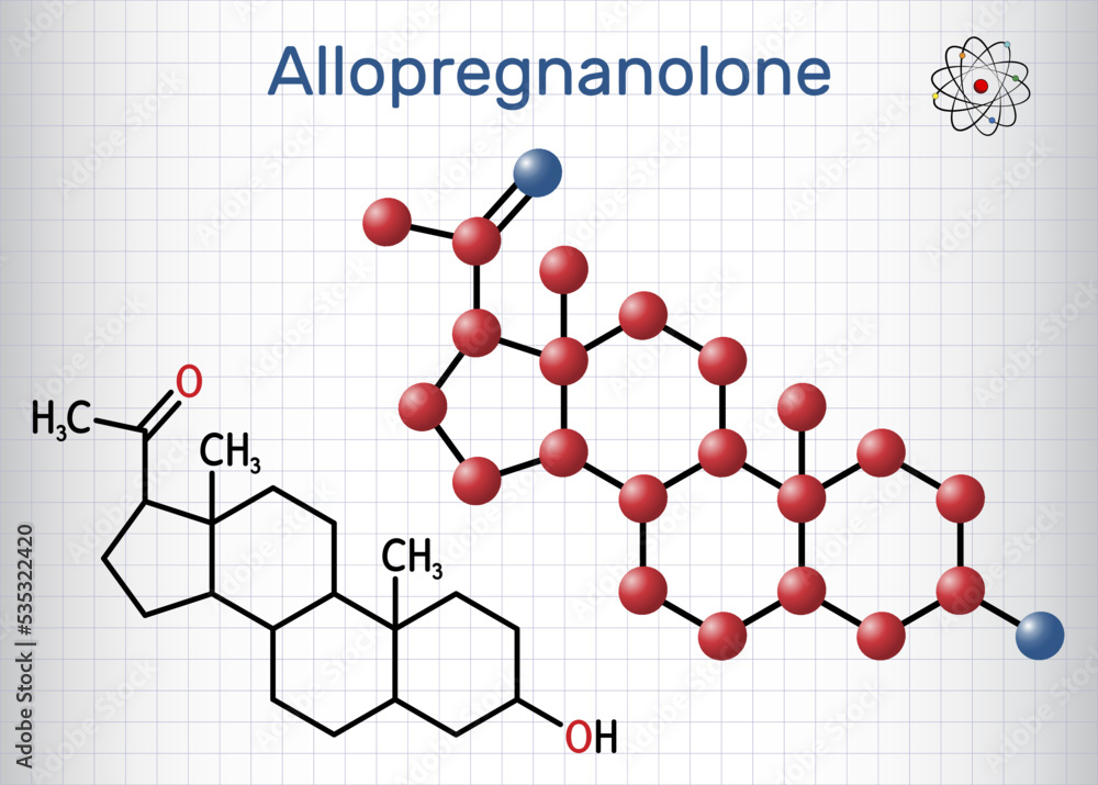 Allopregnanolone, brexanolone molecule. It is used for treatment of postpartum depression PPD. Structural chemical formula, molecule model. Sheet of paper in a cage Allopregnanolone, brexanolone molecule. It is used for treatment of postpartum depression PPD. Structural chemical formula, molecule model. Sheet of paper in a cage